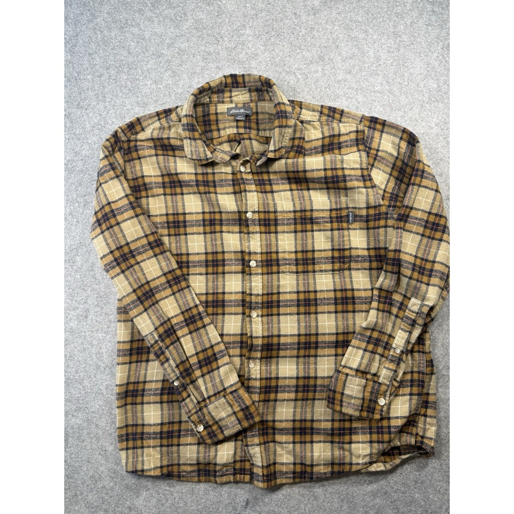 Eddie Bauer Mens Large Tall Plaid Flannel Shirt LT Tan Navy Orange 100% Cotton